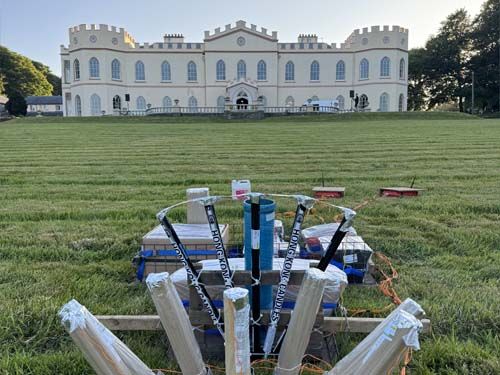 Fireworks set-up and ready to fire at Tawstock Court, North Devon