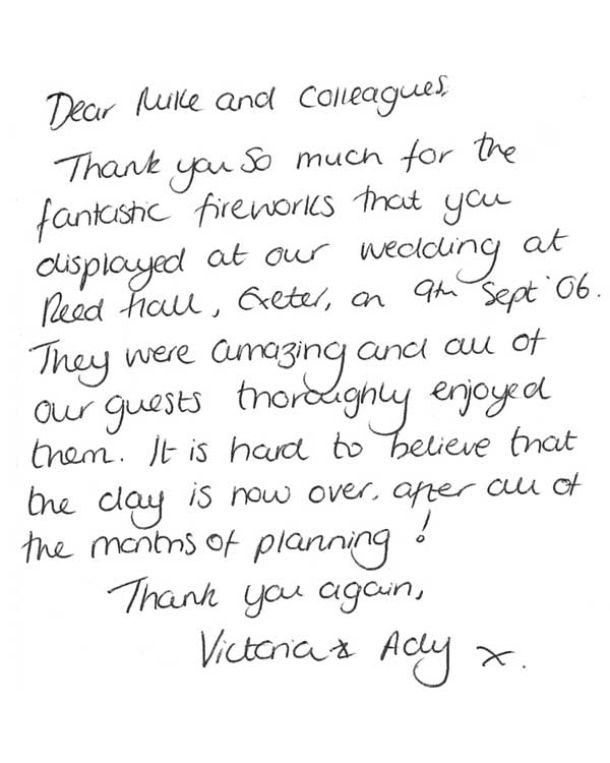 Thank-you letter for Wedding Fireworks in 2006