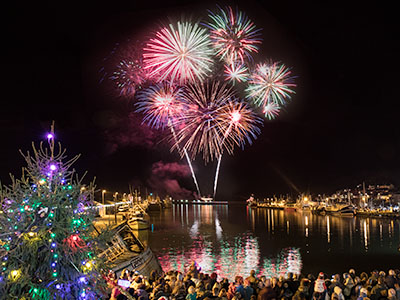 Crowd watching fireworks after Christmas Lights switched on.